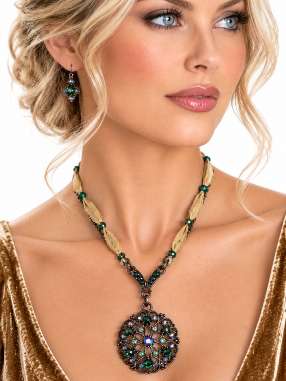 Vintage Filigree-style Pendant Necklace w/Multi-colored Crystal Rhinestones - Picture 9 of 16